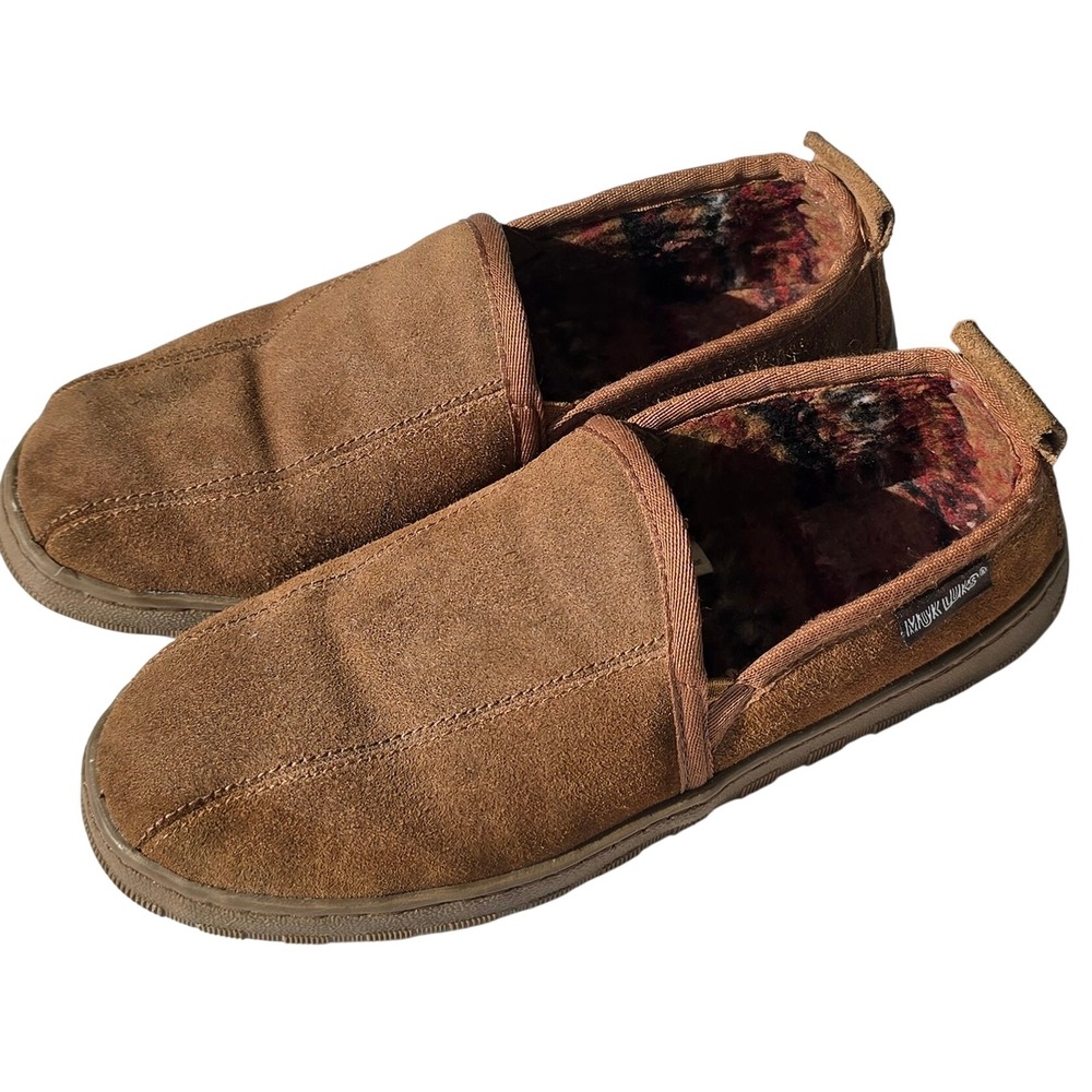 MUK LUKS Men's Size 11 Brown Cow Suede Moccasin Slippers Lined